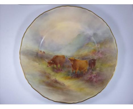 ROYAL WORCESTER CABINET PLATE PAINTED WITH HIGHLAND CATTLE, SIGNED STINTON, APPROX. 27 cm DIA.