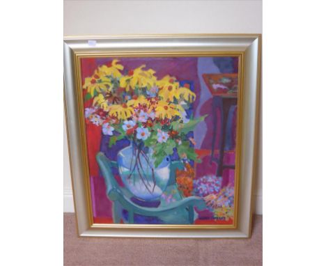OLWEN TARRANT FROI OIL ON CANVAS ‘FLOWERS ON A PIANO STOOL’ APPROX. 51 X 61 cm