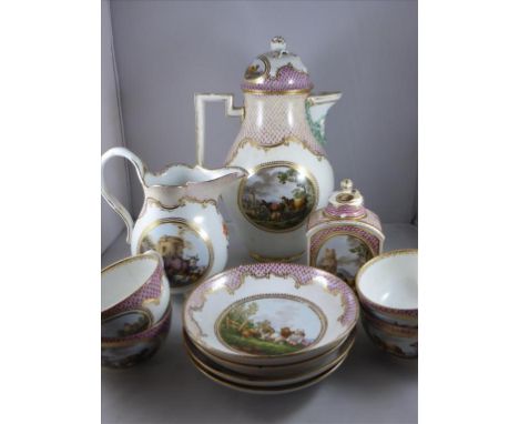 MEISSEN C 1800 AND LATER PART COFFEE SERVICE WITH LANDSCAPE SCENE PANELS AND PINK SCALE AND GILT SCROLL BORDERS INC. COFFEE P