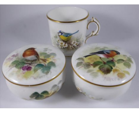 ROYAL WORCESTER PR. LIDDED POTS AND A COFFEE CAN, EACH WITH BIRD DECORATION SIGNED POWELL