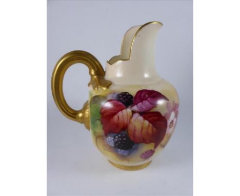ROYAL WORCESTER FLAT BACK JUG, 1094, FRUIT DECORATION SIGNED K.BLAKE, APPROX. 11 cm