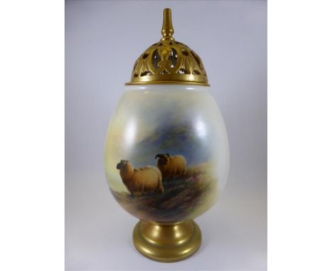 ROYAL WORCESTER POT POURRI, MODEL 2670, WITH SHEEP DECORATION SIGNED E.BARKER, APPROX. 20 cm