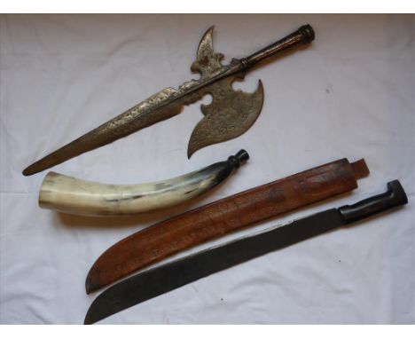 17TH CENTURY STYLE HALBARD, A LEGITIMUS, COLLINS AND CO. MALAYAN CONFLICT MACHETE WITH ORIGINAL LEATHER SCABBARD AND A HORN