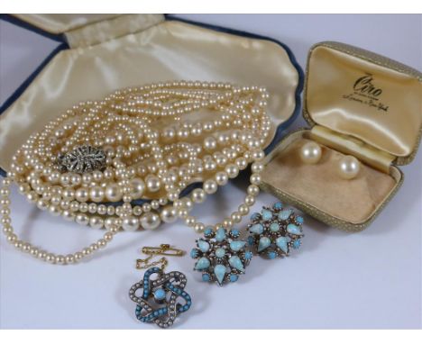 TURQUOISE AND SEED PEARL BROOCH, PR. TURQUOISE CLIP EARRINGS, PR. CIRO CULTURED PEARL EARRINGS IN ORIGINAL BOX AND A SHELL SH