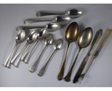 SET OF 6 SILVER TEA SPOONS, 3 GEORGIAN TEA SPOONS WITH BRIGHT CUT DECORATION, PR. RAT TAIL TEA SPOONS, 2 OTHER SILVER SPOONS,