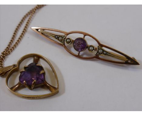 EDWARDIAN AMETHYST AND PEARL BAR BROOCH AND AN AMETHYST HEART SHAPED PENDANT