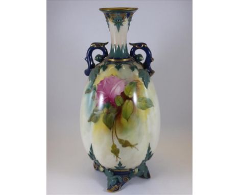 ROYAL WORCESTER 2 HANDLED VASE WITH ROSE DECORATION, MODEL NUMBER 264, SIGNED K.J.BRAY, APPROX. 23 cm REPAIRS TO PIERCED RIM