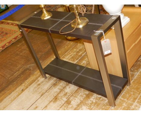 A pair of contemporary aluminium and leather bound console tables. H 70cm W 92cm D 29cm