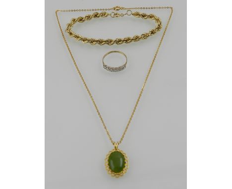 A yellow metal bracelet, stamped 9ct of rope-twist form, together with a five stone dress ring stamped 9ct and a jade pendant