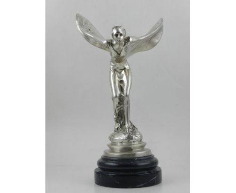 After Sykes, a Contemporary silvered model of the Spirit of Ecstasy, raised on a circular marble base. H.31cm