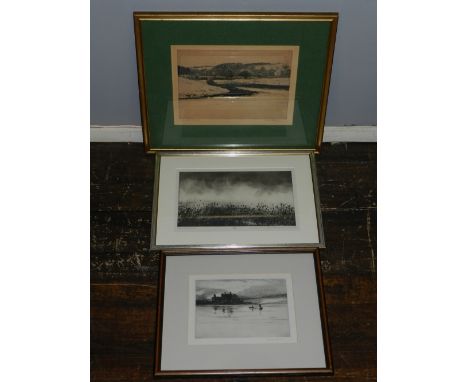 Norman Wilkinson, Fishing on a Scottish Loch, steel engraving, signed in pencil lower right, 19 x 25cm, together with two fur