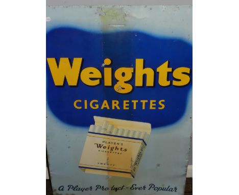 A vintage Weights Cigarettes enamel sign, yellow text with an image on a blue ground, H. 73cm.