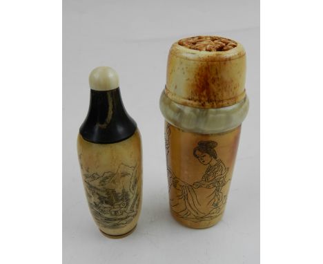 A Chinese cylindrical bone and horn box, having carved decoration, and reticulated lid, together with a bone snuff bottle. 