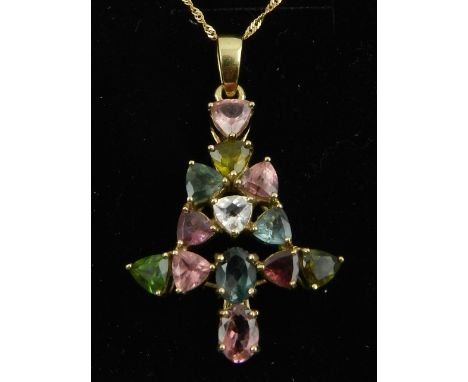 A 9 carat yellow gold and tourmaline cluster pendant, set trillion and oval cut green, yellow, pink and Paraiba blue tourmali