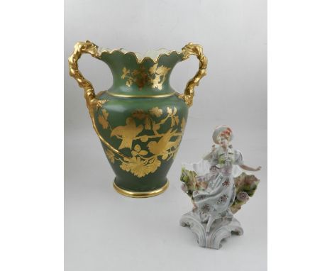 A green ground and gilt ceramic twin-handled vase, H: 33cm, together with a porcelain bowl decorated with a figure of a femal