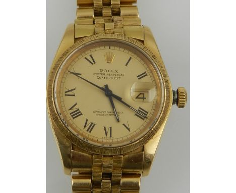 Rolex, Switzerland. An Oyster Perpetual Datejust 18ct gold gentleman's automatic wristwatch, the champagne dial with Roman nu