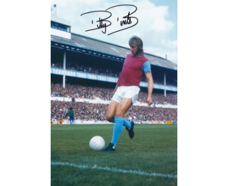 Football Autographed Billy Bonds Photo, A Superb Image Depicting The West Ham Centre-Half Striking A Full Length Action Pose 