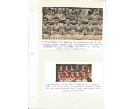 Football vintage signature piece Middlesbrough 1950s four team photos fixed to an album sleeve signatures include Rolando Ugo
