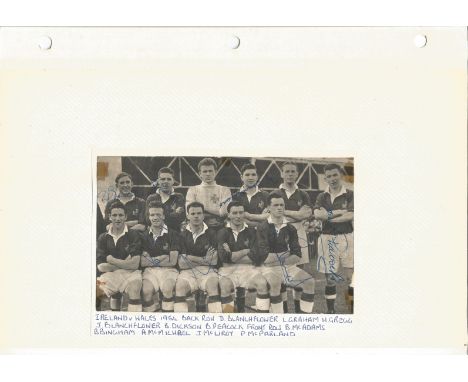 Football vintage team newspaper photo Ireland v Wales 1954 fixed album sleeve signed by seven members of the Ireland team inc