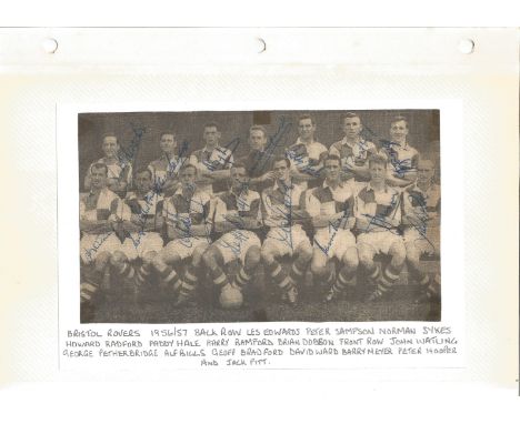 Football vintage team newspaper photo Bristol Rovers 1956/57 fixed to album sleeve signed by fifteen members of the squad inc