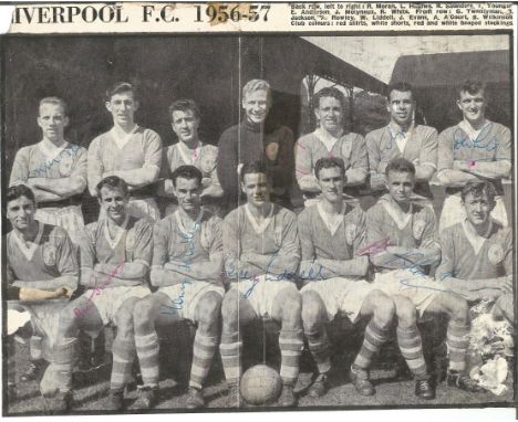 Liverpool 1956-57 signed black and white newspaper photo. Signed by 9. Includes Moran, Younger, Molyneux, White, Jackson, Row