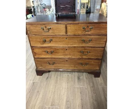 3RD QUARTER 18THC MAHOGANY CHEST OF 2 SMALL OVER 3 LARGE DRAWERS, BRASS SWAN NECK HANDLES WITH ROUND NUTS, BRACKET FEET AND O