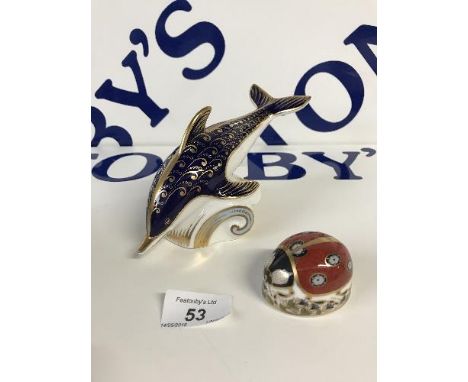 ROYAL CROWN DERBY DOLPHIN WITH GOLD BUTTON AND LADYBIRD WITH GOLD BUTTON