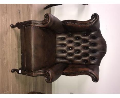 BROWN LEATHER BUTTON BACK WING ARMCHAIR