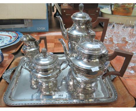 Silver plated tray with tea and coffee service comprising; coffee pot, teapot, sucrier and milk jug, all monogrammed with a '