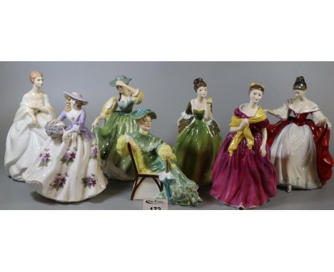 Six Royal Doulton bone china figurines to include 'Sarah' HN2265, 'Ascot' HN2356, 'Fleur' HN2368, etc. together with a Royal 