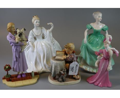 Three Coalport china figurines to include 'Lady Lilian', 'Ladies of Fashion, Henrietta', and 'The Ball', together with a Humm