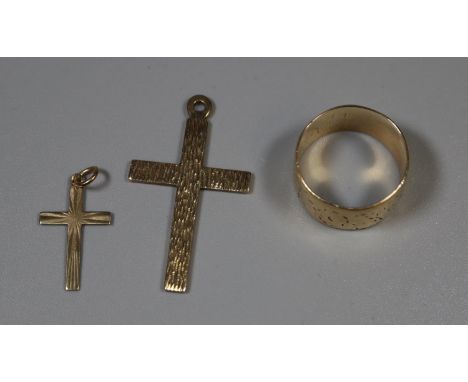 9ct gold ring and two 9ct gold cross pendants.  Ring size N.  Approx weight in total 7 grams. (3)(B.P. 21% + VAT) 