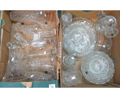 Two boxes of assorted glassware to include; various cut and moulded glass vases, bowls, basket, Royal Welsh crystal bowl, lid