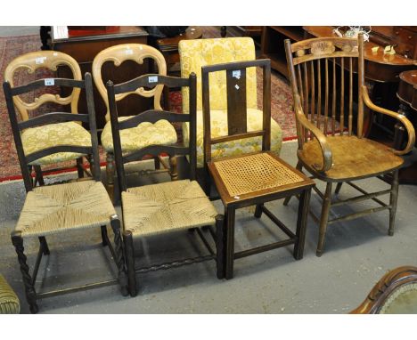 Collection of chairs, mainly early 20th century to include bentwood spindle arm chair, ladder back chairs, balloon back chair