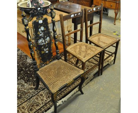 Victorian papier mache hall chair, the back with mother of pearl inlay on caned seat, together with a pair of Edwardian bar b