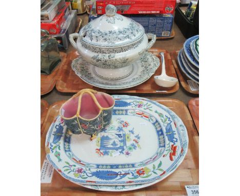 Two trays of assorted china to include; large floral design lidded soup tureen on stand, a Masons patent Ironstone 'Manchu' l