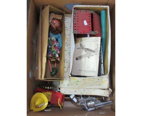 Box of vintage toys to include; Pelham puppet, various Meccano, tin plate car with driver, zither etc.(B.P. 21% + VAT) 