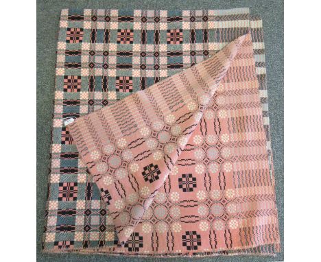 Vintage woollen pink ground Welsh tapestry blanket. (B.P. 21% + VAT)Various small holes near the edges, some part way, one fu