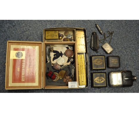 Tin box containing assorted militaria and other ephemera, to include; US and British military patches, Defence Medal 1939-45,