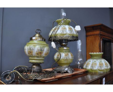 Gilded brass and opaline coloured glass floral table lamp, together with a matching hanging ceiling light shade. (B.P. 21% + 