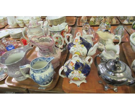 Tray of 19th Century Welsh and other pottery to include; Gaudy Welsh tulip design teapot and matching lidded two handled sucr