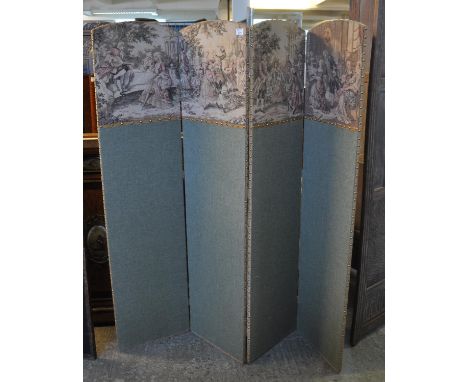 Mid Century tapestry four section folding screen depicting figures in an interior.(B.P. 21% + VAT) 