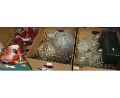 Three boxes of glassware, various to include; drinking vessels, fruit bowls, two handled celery type vase, art glass bowls, p