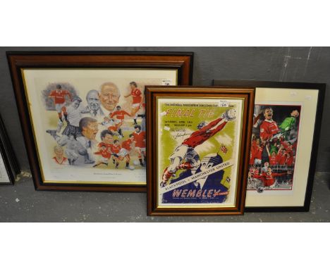 'Manchester United Past and Present' from an original painting by Peter Deighan, artist's proof print, framed and glazed, sig