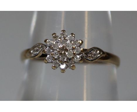 9ct gold and diamond cluster ring. Ring size O.  Approx weight 1.6 grams.(B.P. 21% + VAT) 