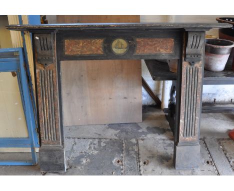 Victorian wooden painted mantelpiece/fire surround, decorated with simulated marble and a central image of a three masted shi