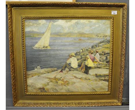 Craig Wallace (Scottish 20th Century), 'First Arrival, Tarbert (yacht race)', signed, oils on board. 53 x 59cm approx. (B.P. 