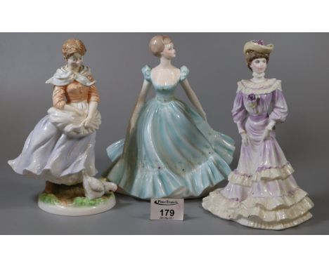 Two Coalport bone china figurines to include 'Louisa at Ascot' and Ladies of Fashion 'Rapture', together with a Royal Worcest