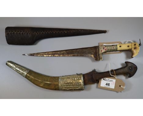 Afghan Choona dagger with T section blade and bone handle scales, together with an unknown Middle Eastern curved dagger with 