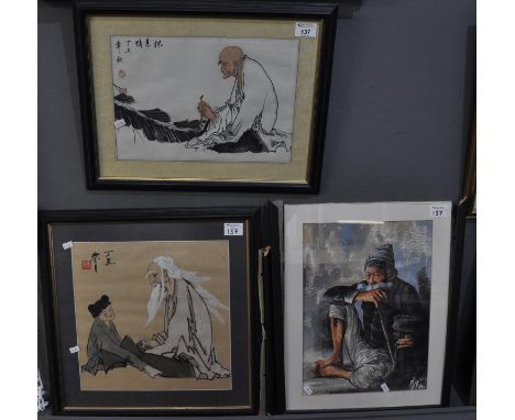 Group of three Chinese portrait studies to include; two coloured prints and a study of a seated gentleman smoking a hookah ty
